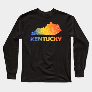 Colorful mandala art map of Kentucky with text in blue, yellow, and red Long Sleeve T-Shirt